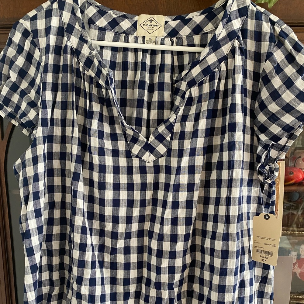 Navy White Gingham XL Ladies St John Bay Top nwt